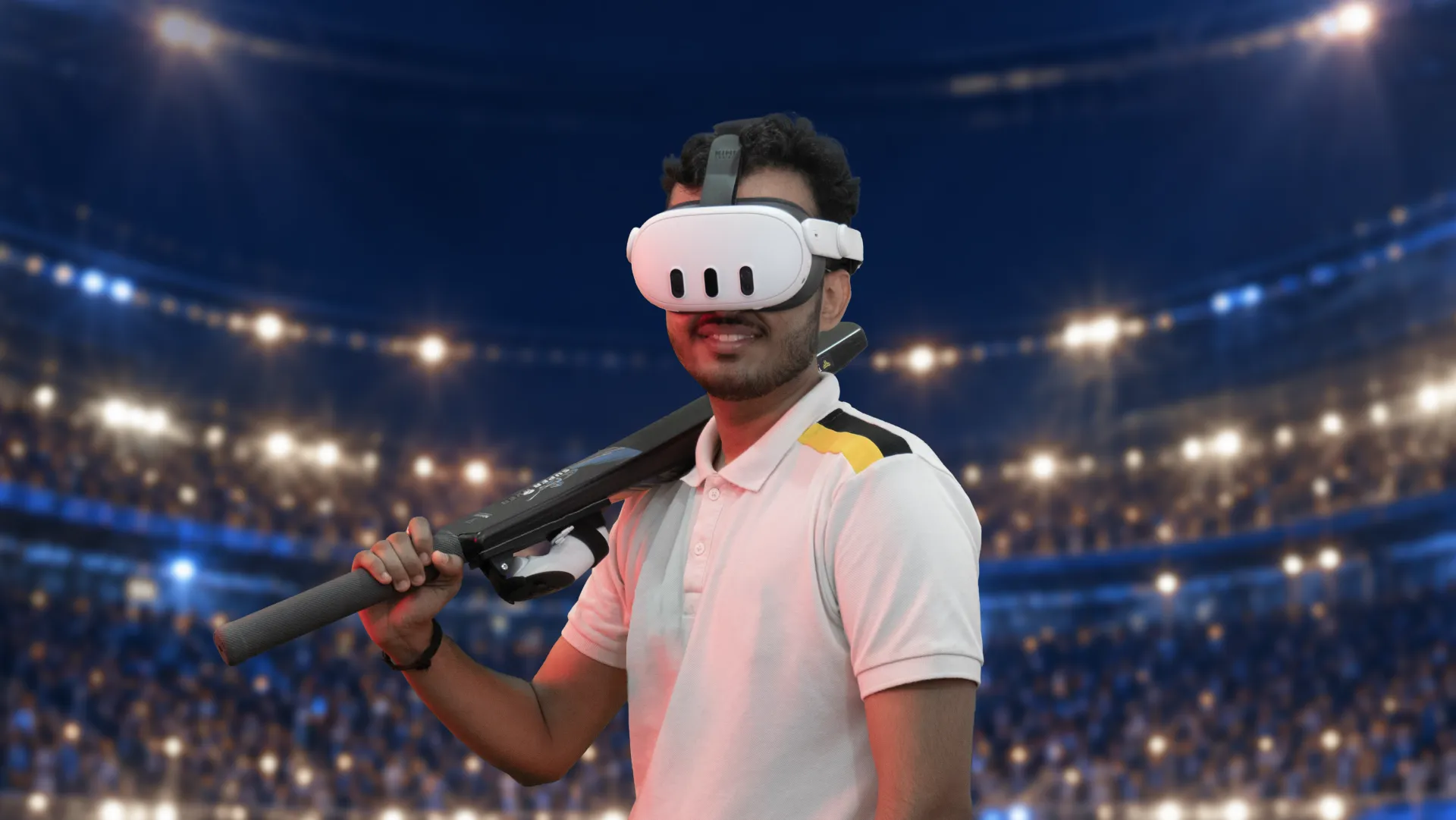 Player in a Meta Quest 3 with the SuperOver bat on his shoulder, stadium floodlights behind