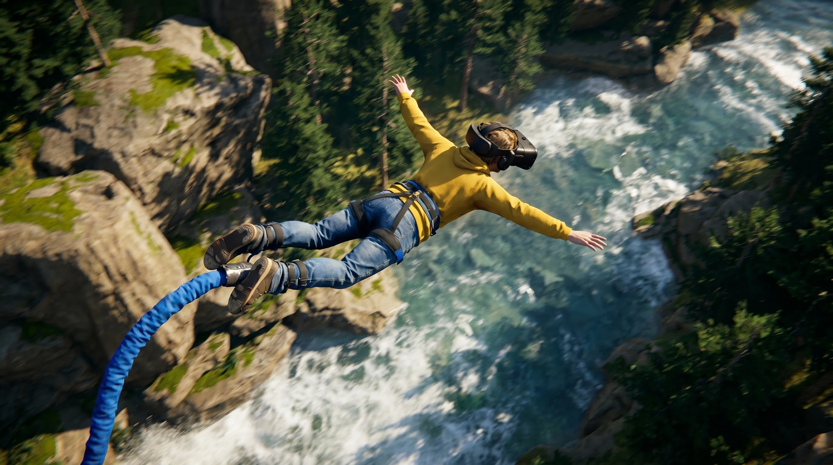 Player suspended in a SkyDrop VR Bungee jump experience