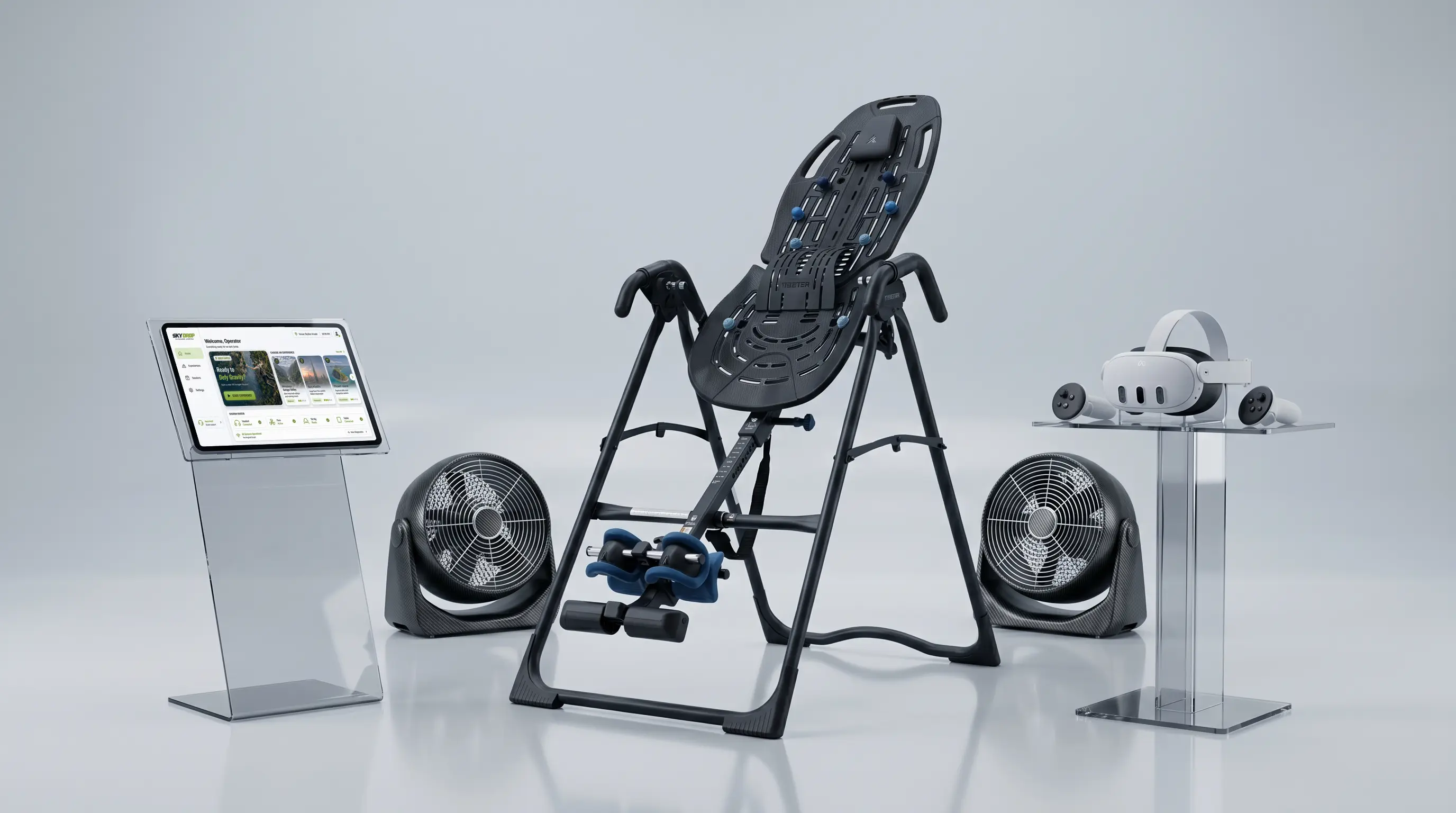 Full SkyDrop VR Bungee equipment kit with headset, fans, and dashboard